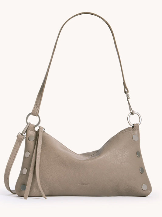 The Hammitt Los Angeles Kyle Shoulder Bag in Pewter Pebble/Brushed Silver features brushed silver studs, a short adjustable strap, and a sleek design—ideal as a chic crossbody or wristlet.