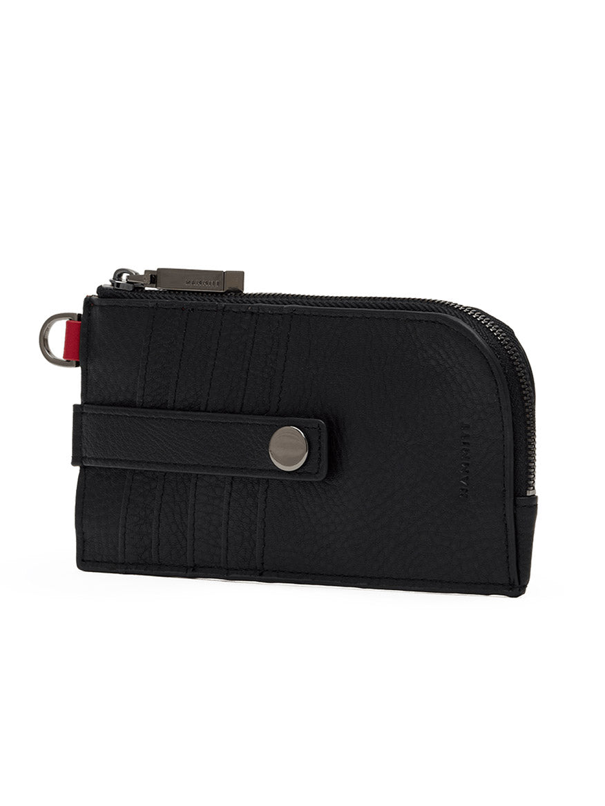 The Hammitt Los Angeles 210 East Wallet in Black/Gunmetal is a sleek card holder crafted from black pebbled leather, featuring a zippered closure, snap button strap, metal keyring, and multiple card slots. It is shown photographed on a white background.