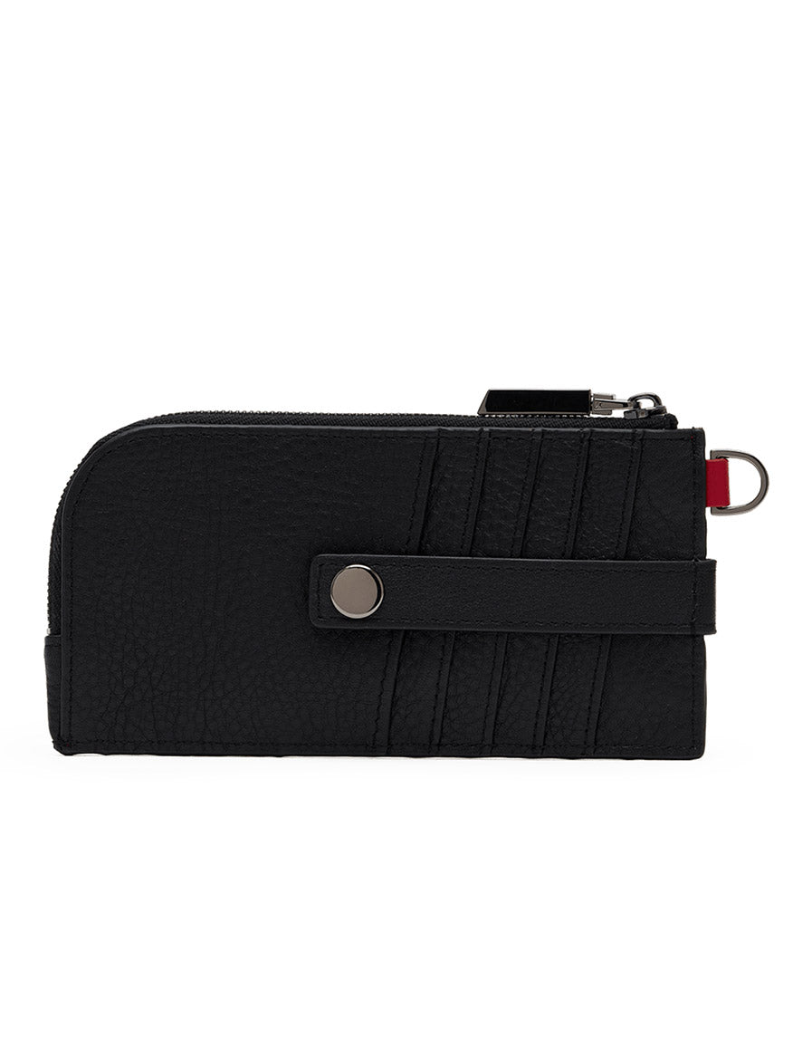 Crafted from black pebbled leather, the Hammitt Los Angeles 210 East Wallet in Black/Gunmetal features a sleek zippered design with textured material, horizontal stitched lines, a snap button strap, and a metal key ring attachment—an elegant card holder that echoes classic Hammitt style.