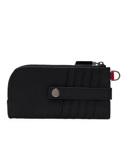 Crafted from black pebbled leather, the Hammitt Los Angeles 210 East Wallet in Black/Gunmetal features a sleek zippered design with textured material, horizontal stitched lines, a snap button strap, and a metal key ring attachment—an elegant card holder that echoes classic Hammitt style.