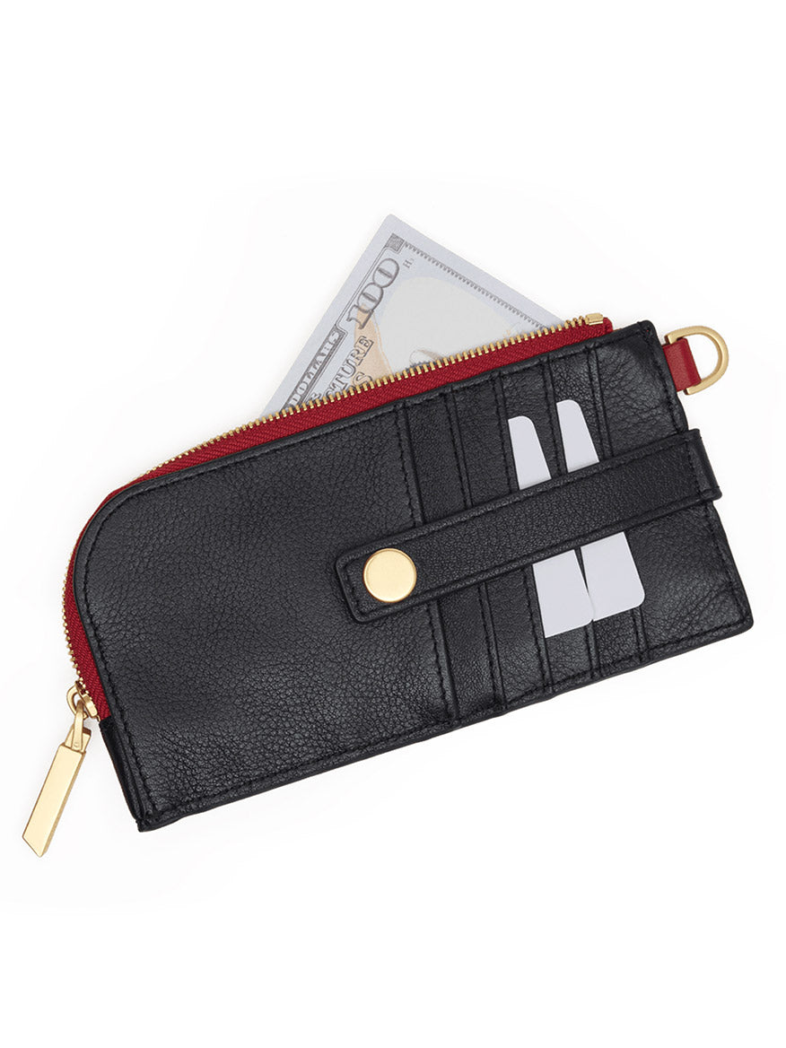 A black pebbled leather Hammitt Los Angeles 210 East Wallet in Black/Brushed Gold/Red Zip features gold accents and holds two visible cards along with a partially visible folded U.S. hundred-dollar bill, showcasing its sleek design.