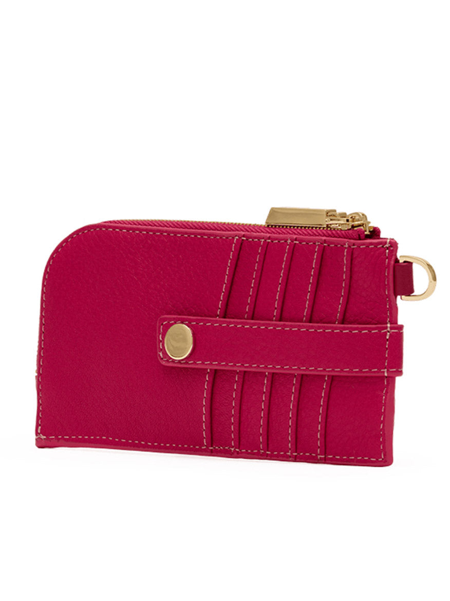 Introducing the Hammitt Los Angeles 210 East Wallet in Calypso Pebble/Gold—a sleek women's wallet crafted from vibrant red leather. This stylish accessory features a snap button strap, gold zipper accents, and convenient card slots for easy organization. The compact zippered wallet is beautifully photographed against a white background.