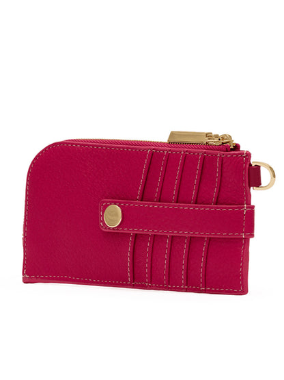 Introducing the Hammitt Los Angeles 210 East Wallet in Calypso Pebble/Gold—a sleek women's wallet crafted from vibrant red leather. This stylish accessory features a snap button strap, gold zipper accents, and convenient card slots for easy organization. The compact zippered wallet is beautifully photographed against a white background.