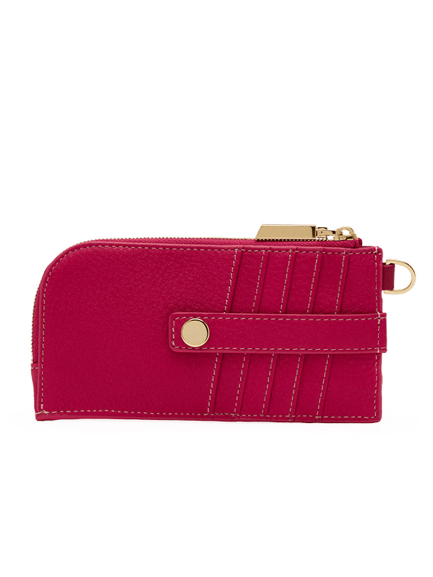 Introducing the Hammitt Los Angeles 210 East Wallet in Calypso Pebble/Gold—a chic women’s wallet crafted from pebbled red leather, accented with gold hardware, detailed white stitching, a snap closure strap, and a handy zippered compartment.