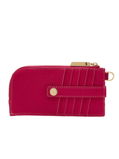 Introducing the Hammitt Los Angeles 210 East Wallet in Calypso Pebble/Gold—a chic women’s wallet crafted from pebbled red leather, accented with gold hardware, detailed white stitching, a snap closure strap, and a handy zippered compartment.