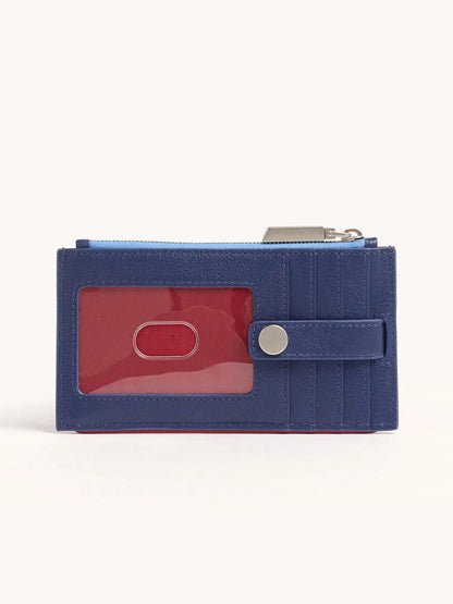 The Hammitt Los Angeles 210 West Wallet in Jazz Blues boasts a pebbled leather design with a clear ID window, sleek silver hardware, secure snap closure, multiple card slots, and a convenient zipper compartment.