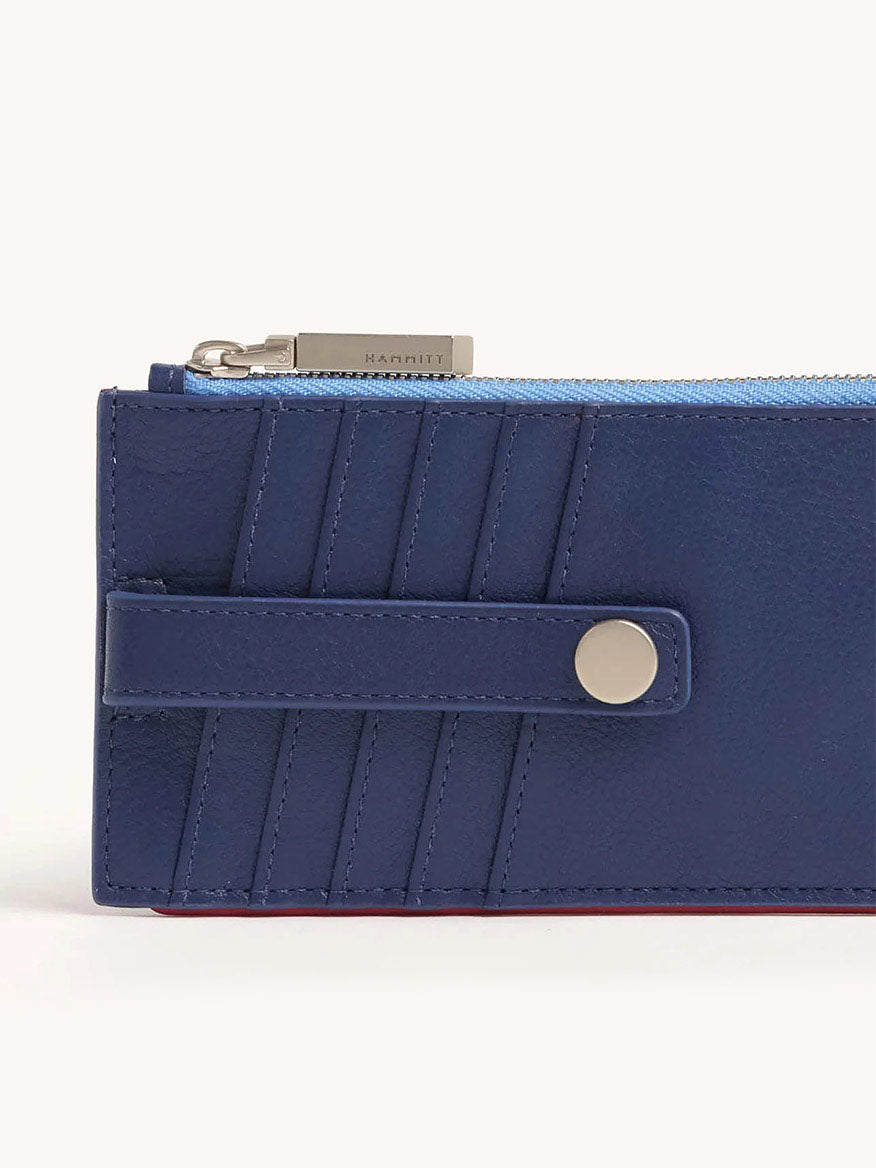 The Hammitt Los Angeles 210 West Wallet in Jazz Blues is a navy pebbled leather wallet with silver hardware, a snap closure, multiple card slots, and a metal zipper.