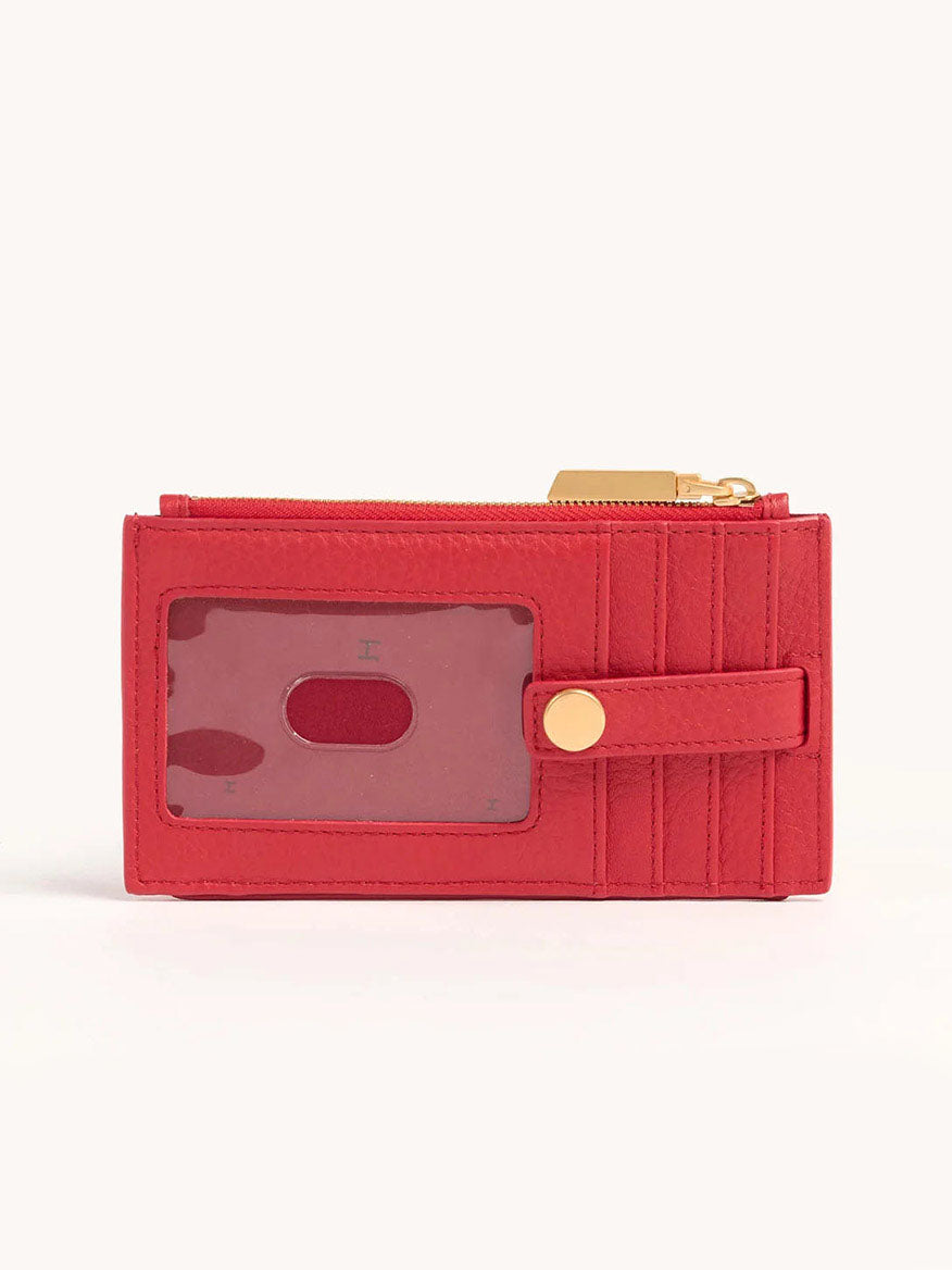 Hammitt Los Angeles 210 West Wallet in Poppy Red is crafted from pebbled leather and has multiple card slots, a transparent ID window, and a zippered coin pocket with a gold zipper pull.