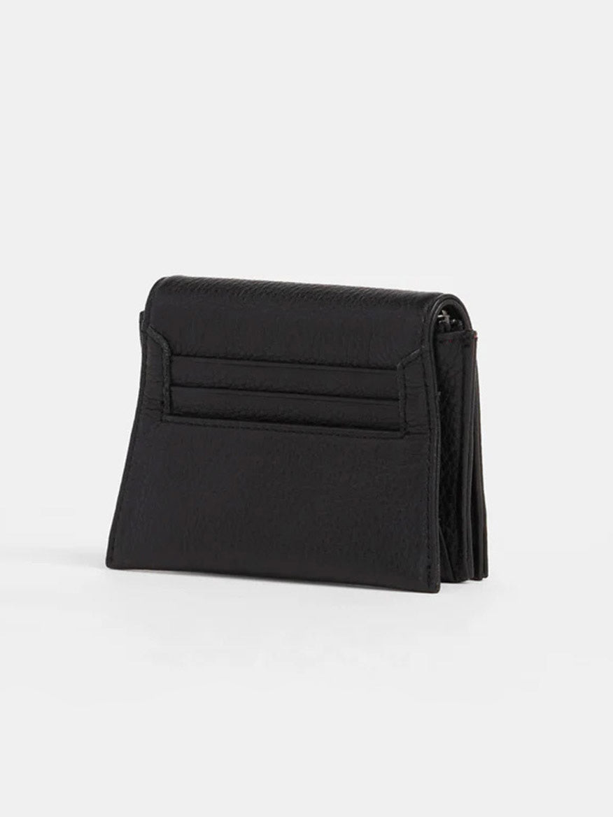 The Hammitt Los Angeles Allen Wallet in Black is displayed, boasting a pebbled leather material, exterior card slots, a compact folded design, and a zippered main compartment.