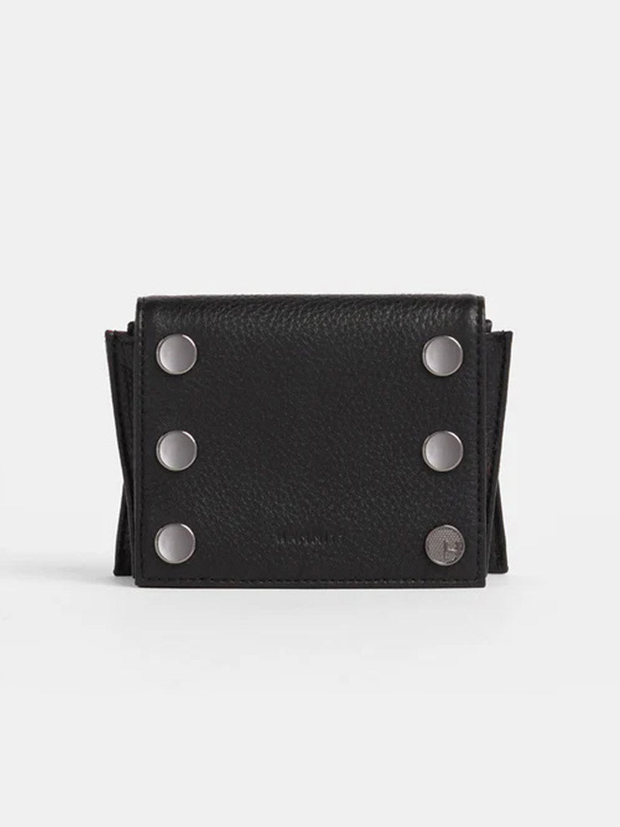 Introducing the Hammitt Los Angeles Allen Wallet in Black, a chic pebbled leather accessory adorned with six evenly spaced metal studs on the front. This stylish wallet also features a zippered main compartment for added security and convenience.