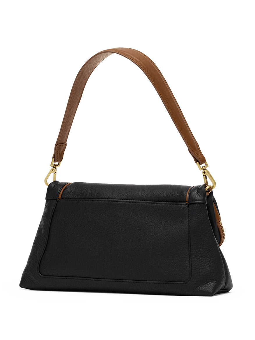 A Hammitt Los Angeles Beverly Medium bag in East End/Antique Gold, featuring black pebbled leather, a brown crossbody strap, gold hardware, and a rectangular shape, photographed against a white background.