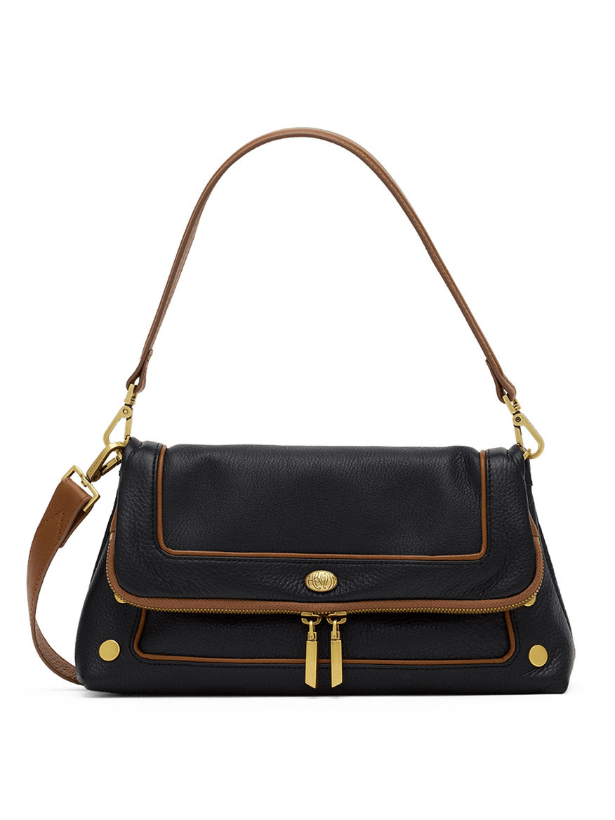 Hammitt Los Angeles Beverly Medium in East End/Antique Gold features black pebbled leather with brown trim, antique gold-tone hardware, a top handle, a detachable crossbody strap, and front zip and snap closures.