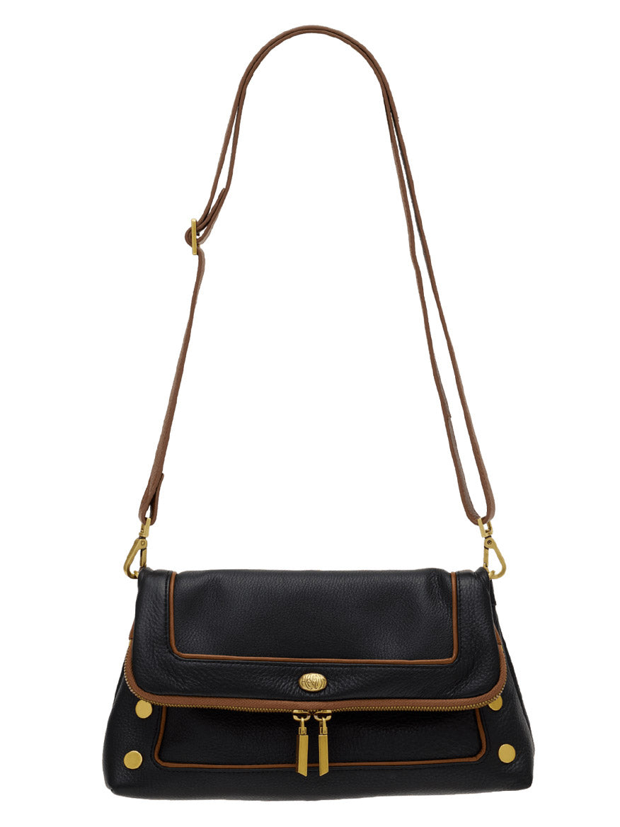 Hammitt Los Angeles Beverly Medium in East End/Antique Gold, featuring black pebbled leather with brown trim, a front flap, gold hardware, and an adjustable crossbody strap, shown against a white background.