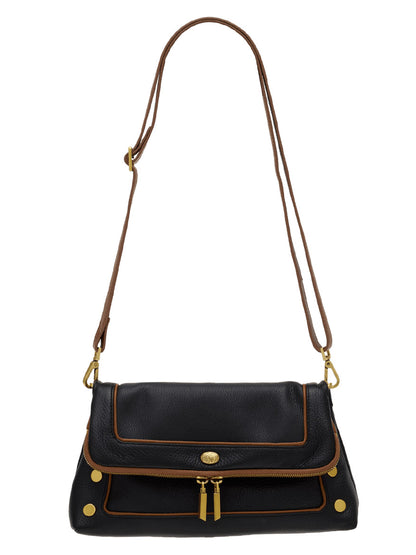 Hammitt Los Angeles Beverly Medium in East End/Antique Gold, featuring black pebbled leather with brown trim, a front flap, gold hardware, and an adjustable crossbody strap, shown against a white background.
