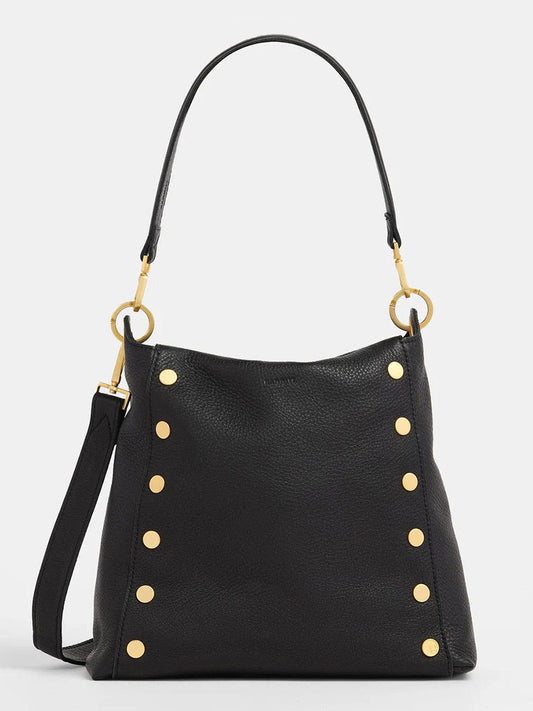 The Hammitt Los Angeles Bryant Large Crossbody Bag in Black & Brushed Gold showcases black pebbled leather, a chic crossbody strap, and vertical gold studs on the front for elegance.