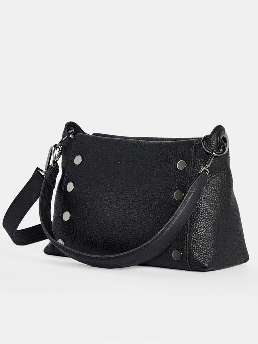 A Hammitt Los Angeles Bryant Medium Crossbody Bag in Black featuring pebbled leather, silver stud accents, and a detachable strap.