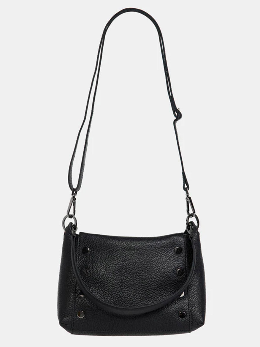 The Hammitt Los Angeles Bryant Medium Crossbody Bag in Black, crafted from black pebbled leather, is a sleek crossbody with adjustable shoulder straps and silver hardware. It features a front flap adorned with button details for added sophistication.