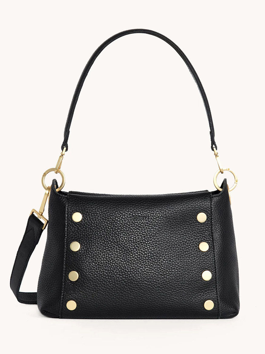 The Hammitt Los Angeles Bryant Medium Crossbody Bag in Black, featuring gold studs and a detachable shoulder strap, is perfect as an everyday crossbody bag.