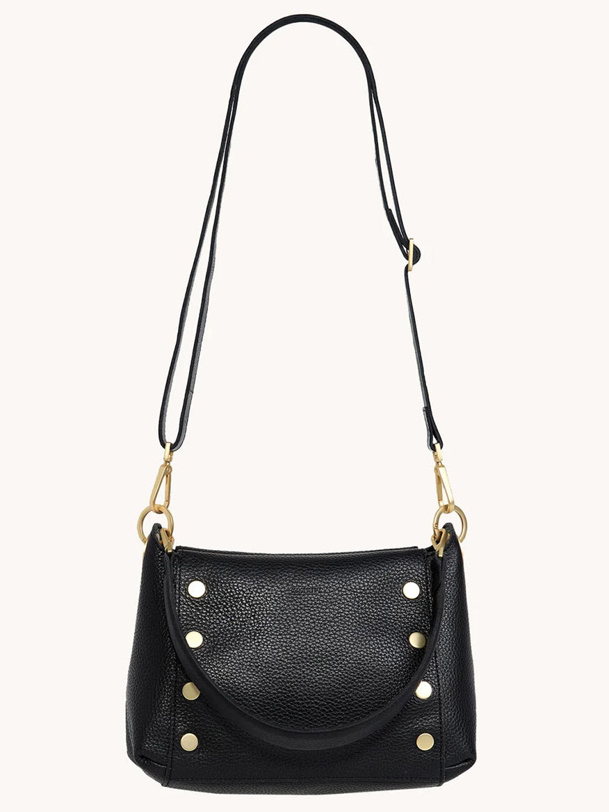 The Hammitt Los Angeles Bryant Medium Crossbody Bag in Black is a sleek pebbled leather shoulder bag with gold hardware and a small front flap. It features a long, adjustable strap and textured surface, making it perfect for everyday versatile style.