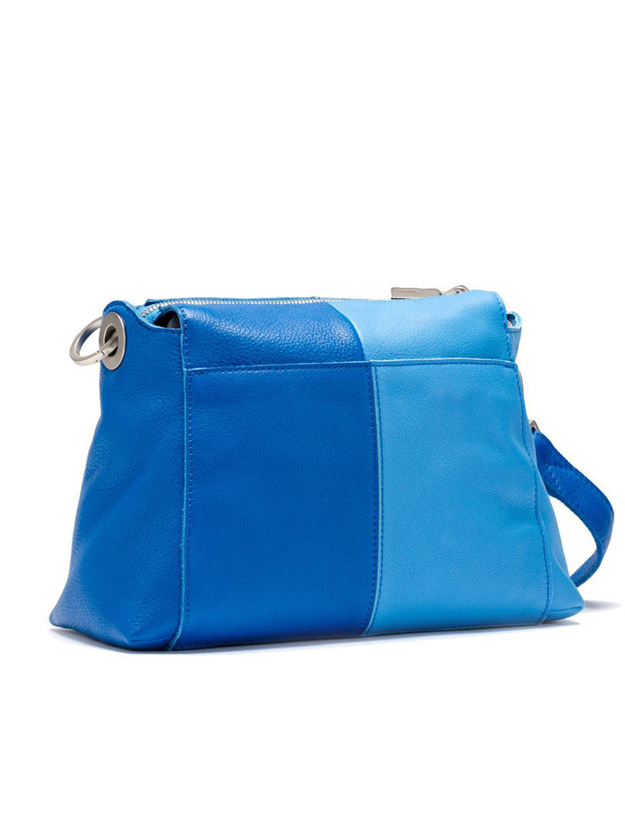 Hammitt Los Angeles Bryant Medium Crossbody Bag in Oasis Blue with brushed silver hardware and an adjustable strap, displayed against a white background.