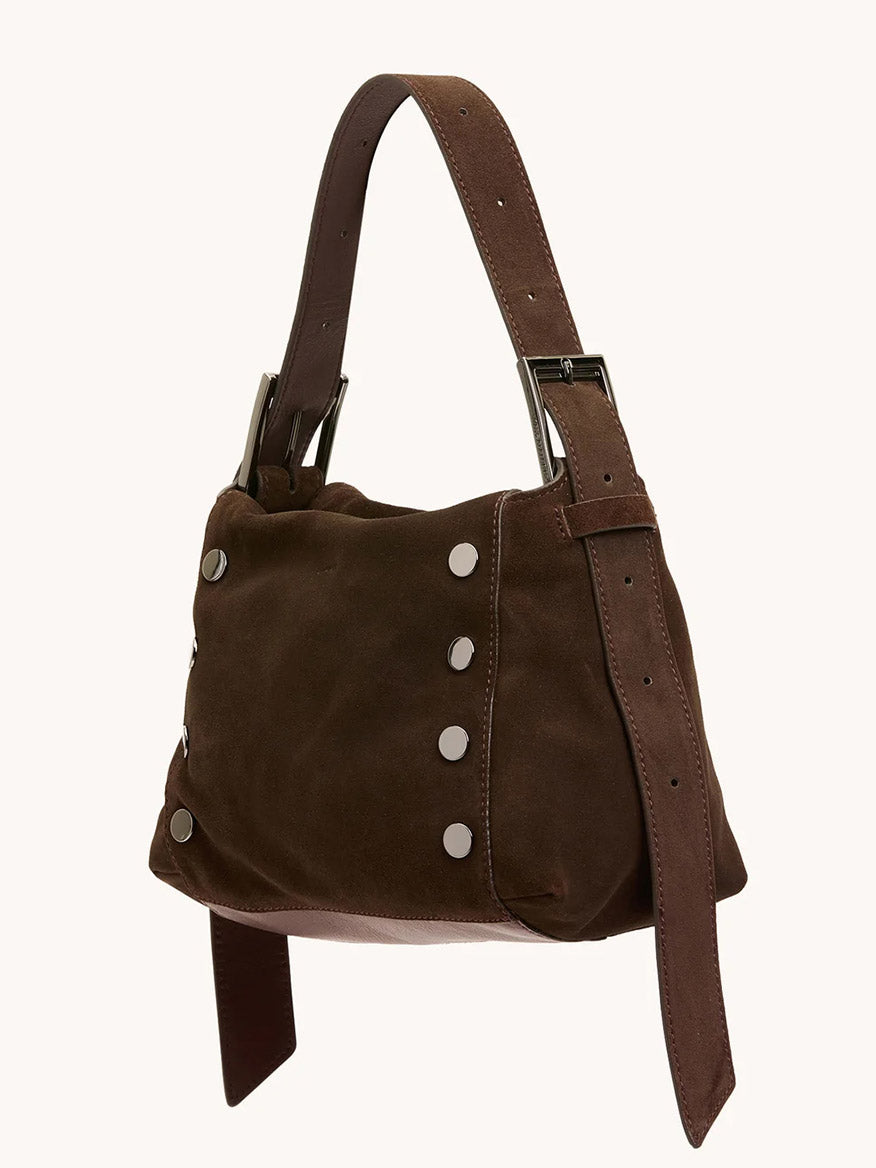 The Hammitt Los Angeles Bryant Medium Crossbody Bag features brown Italian suede with gunmetal studs and a wide, adjustable leather strap.