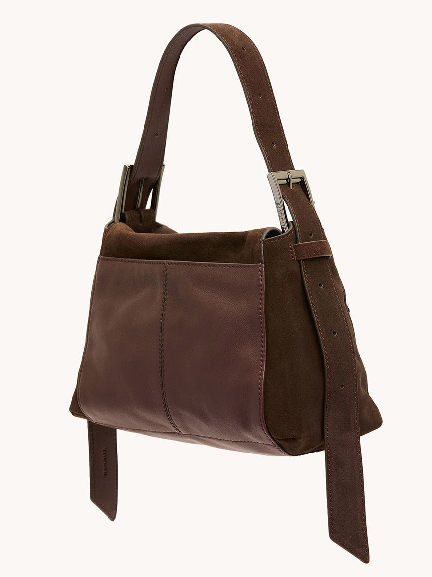 The Hammitt Los Angeles Bryant Medium Crossbody Bag in Belted Suede/Gunmetal features brown leather and Italian suede with an adjustable strap and metal buckle accents, shown against a plain light background.