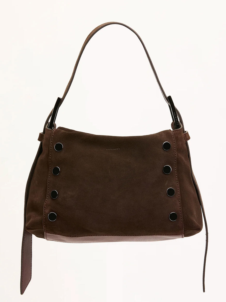The Hammitt Los Angeles Bryant Medium Crossbody Bag in Belted Suede/Gunmetal features brown Italian suede, a single shoulder strap, and six black grommets on each side, displayed against a plain light background.