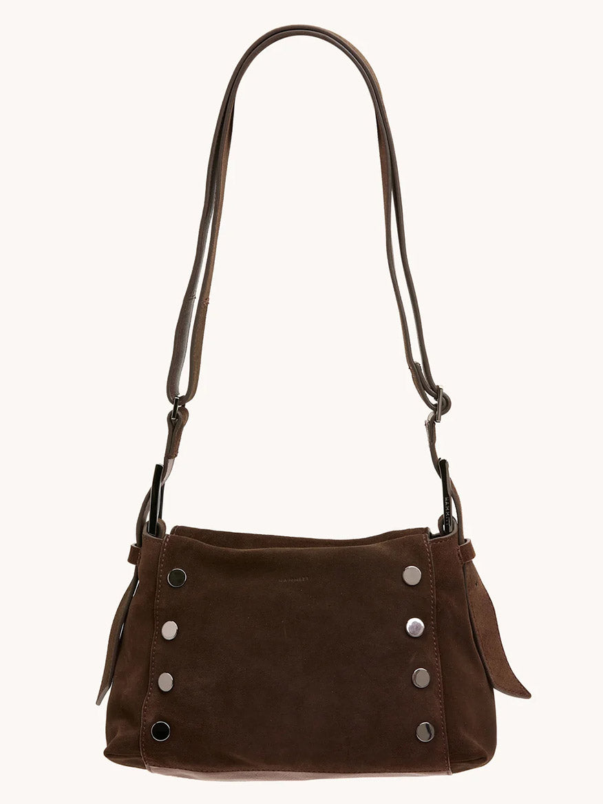 The Hammitt Los Angeles Bryant Medium Crossbody Bag in Belted Suede/Gunmetal features brown Italian suede, a long adjustable strap, and silver stud accents on the front.