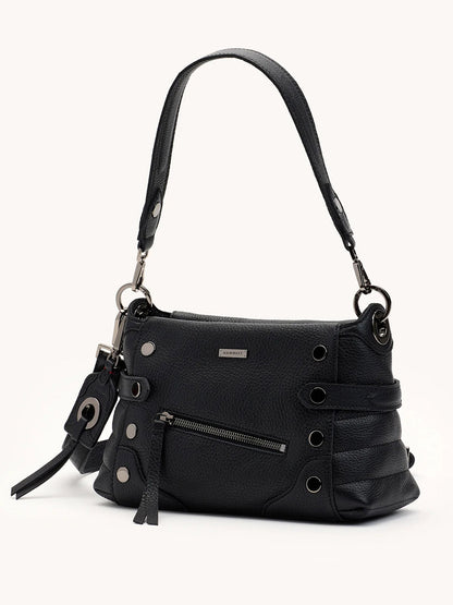 The Hammitt Los Angeles Bryant Medium Crossbody Bag in Moto Black/Gunmetal features a single shoulder strap, front zipper pocket, and decorative straps, photographed against a plain light background.