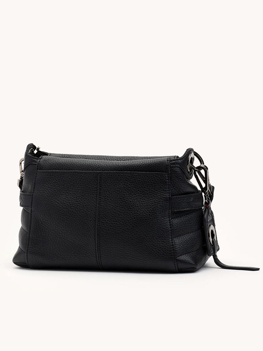 The Hammitt Los Angeles Bryant Medium Crossbody Bag in Moto Black/Gunmetal features pebbled black leather, a side zipper detail, and a detachable strap, shown against a plain background.