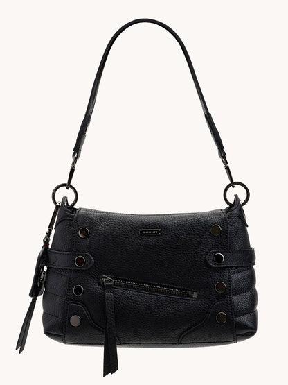 The Hammitt Los Angeles Bryant Medium Crossbody Bag in Moto Black/Gunmetal features black leather, a front zip pocket, decorative metal studs, a small brand label, and a shoulder strap—ideal for everyday style.