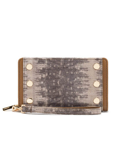 The Hammitt Los Angeles Bryant Wallet in Spotted Smoke/Gold features a rectangular shape, snake-print pattern, gold-tone studs, brown border, and a detachable wrist strap.
