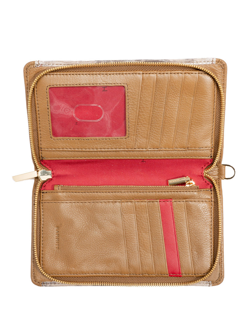 The Hammitt Los Angeles Bryant Wallet in Spotted Smoke/Gold features embossed leather, a zipper closure, red interior, card slots, ID window, and compartments for cash and coins.