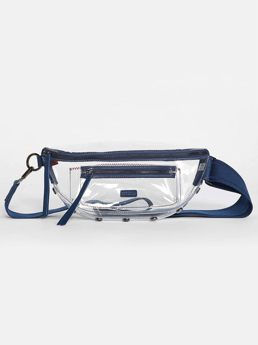 Stadium-approved transparent Charles Crossbody Clear in Vintage Navy with a blue strap against a white background.
