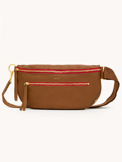 The Hammitt Los Angeles Charles Crossbody Large in Mahogany Pebble features brushed gold hardware, a red zipper, an adjustable strap, and a front pocket for added convenience.