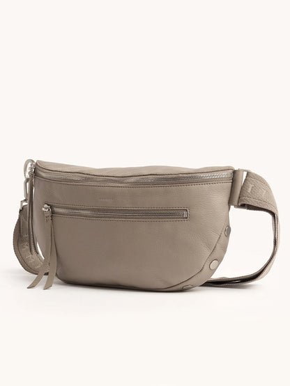 The Hammitt Los Angeles Charles Crossbody Large features a Pewter Pebble leather finish with brushed silver accents and an adjustable strap.
