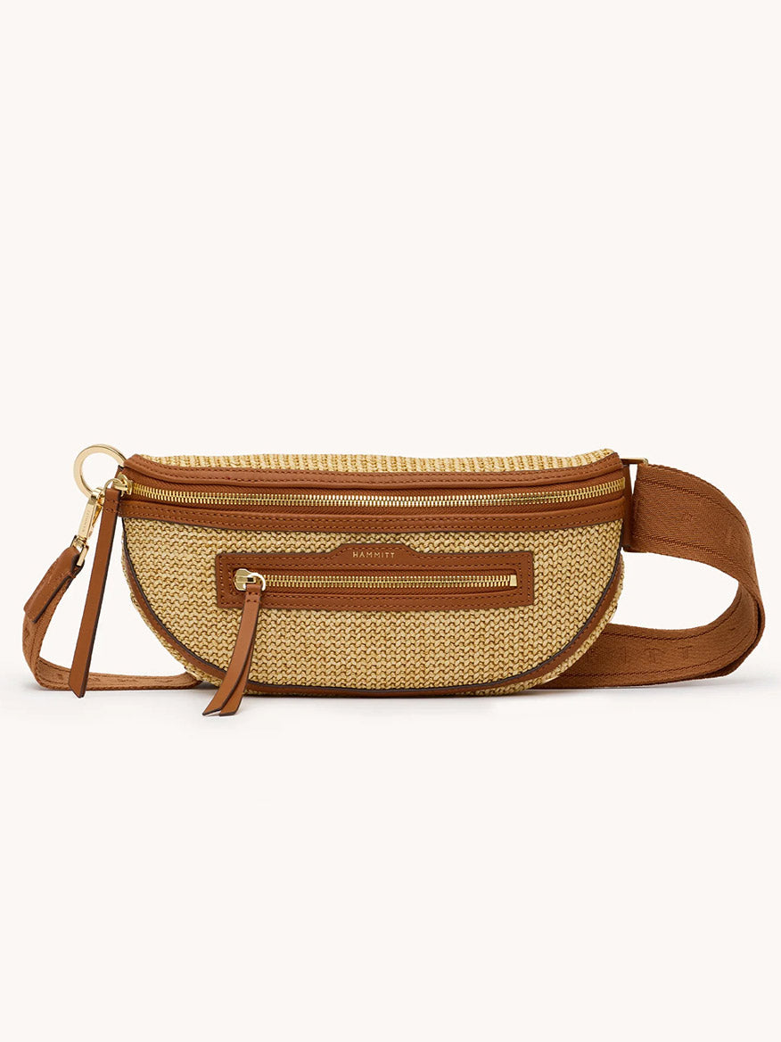 The Hammitt Los Angeles Charles Crossbody Medium in Cocoa Raffia/Gold features woven straw, brown pebbled leather, a zippered main compartment, front pocket, and adjustable strap. Versatile as a stylish belt bag or crossbody.