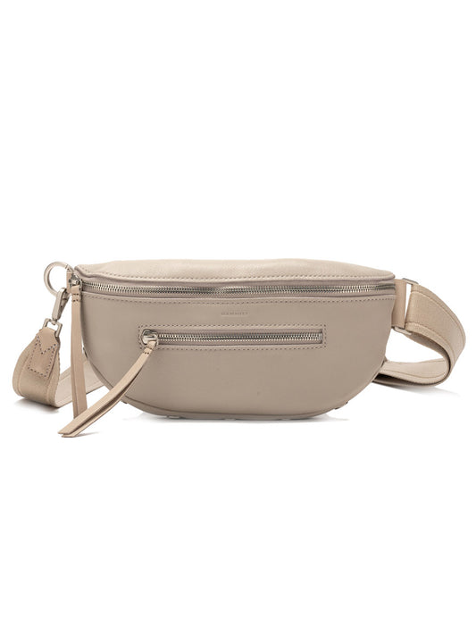 Hammitt Los Angeles Charles Crossbody Medium in Paved Grey pebbled leather fanny pack with front zipper and adjustable strap, isolated on a white background.