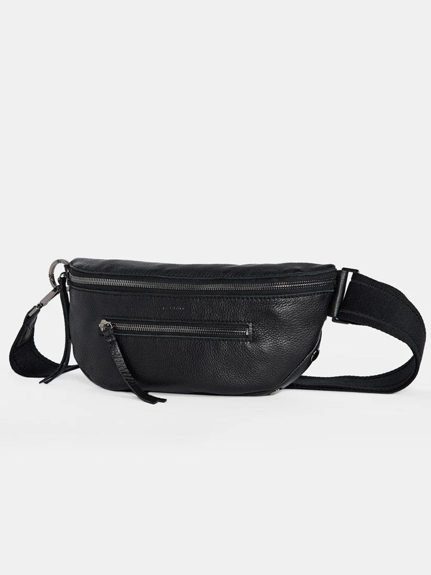 The Hammitt Los Angeles Charles Crossbody Medium in Black/Gunmetal is a stylish black pebbled leather bag featuring a front zipper pocket and an adjustable strap, making it ideal for wearing as either a crossbody or belt bag.