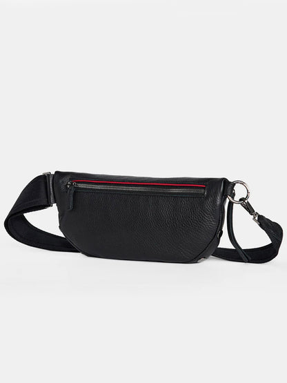 The Hammitt Los Angeles Charles Crossbody Medium in black and gunmetal features a pebbled leather design with a zippered front pocket and an adjustable strap.