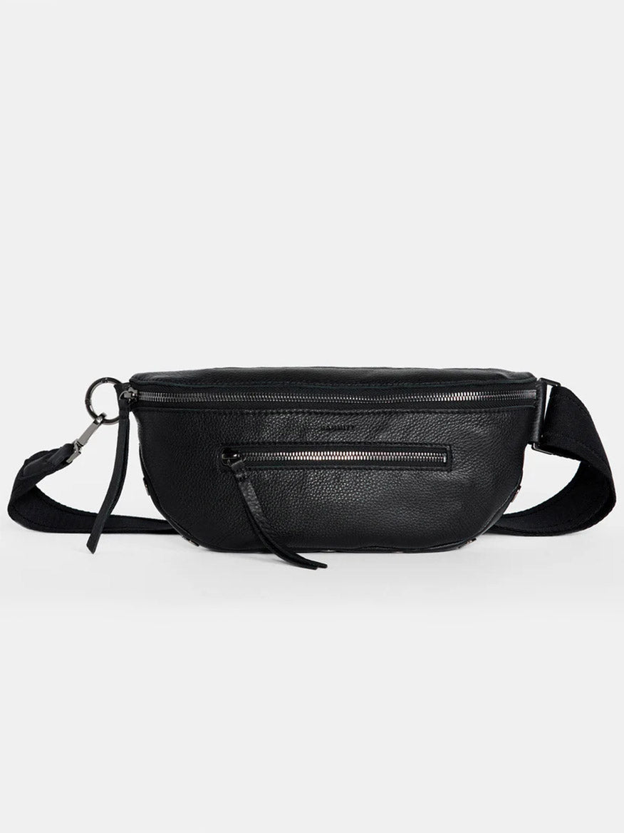 Hammitt Los Angeles Charles Crossbody Medium in Black/Gunmetal features pebbled leather, two zippered compartments, and an adjustable strap.