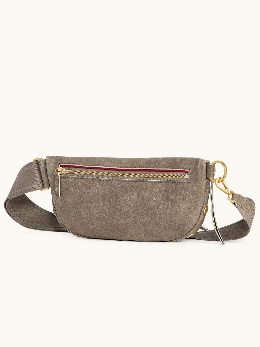 The Hammitt Los Angeles Charles Crossbody Medium in Pewter Brushed Nubuck/Brushed Gold features an adjustable strap, gold-tone zipper and hardware, and a front zip pocket, shown against a plain background.