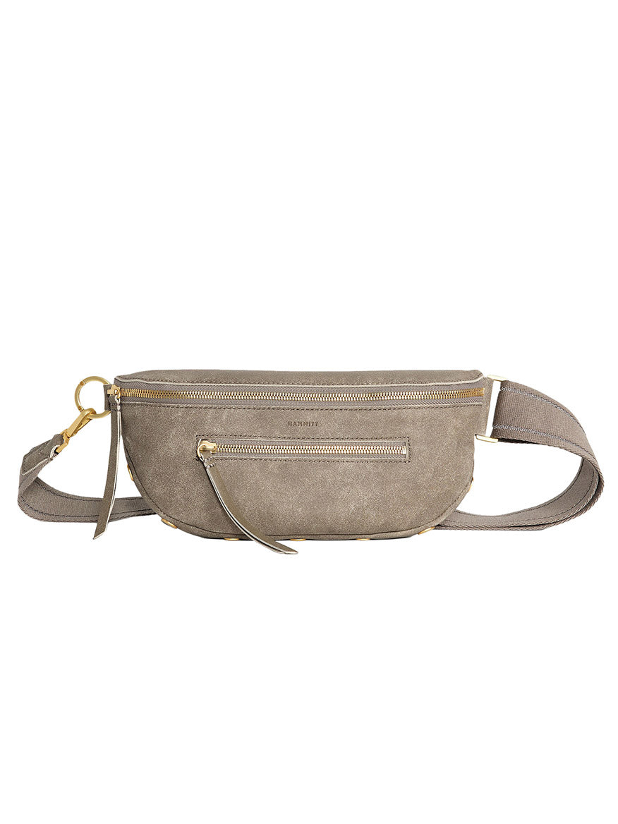 The Hammitt Los Angeles Charles Crossbody Medium in Pewter Brushed Nubuck/Brushed Gold features gold zippers, a front pocket, and an adjustable strap, displayed against a white background.