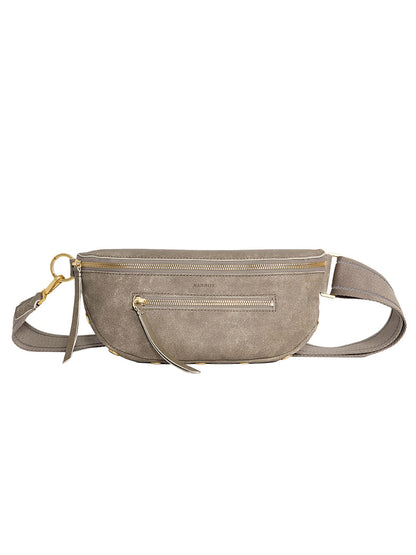 The Hammitt Los Angeles Charles Crossbody Medium in Pewter Brushed Nubuck/Brushed Gold features gold zippers, a front pocket, and an adjustable strap, displayed against a white background.