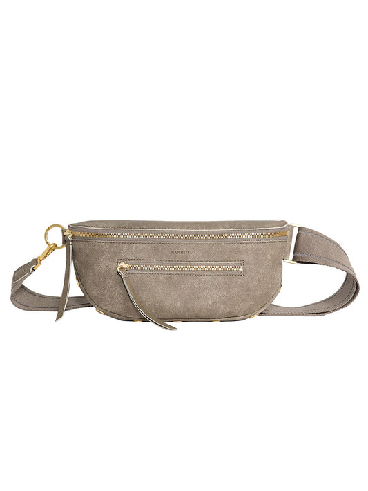 The Hammitt Los Angeles Charles Crossbody Medium in Pewter Brushed Nubuck/Brushed Gold features gold zippers, a front pocket, and an adjustable strap, displayed against a white background.