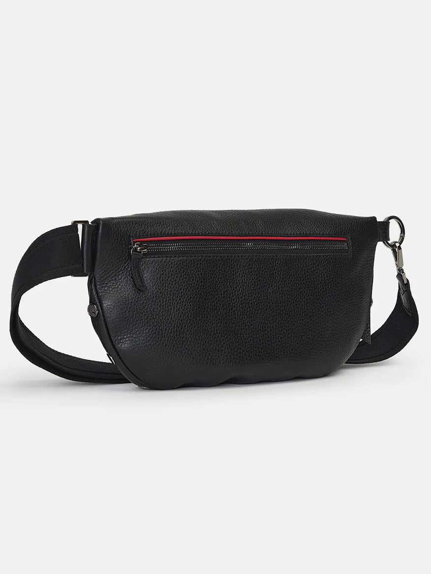 Hammitt Los Angeles Charles Crossbody Large in Black pebbled leather fanny pack with a red zipper detail, adjustable crossbody strap, and silver-tone hardware, displayed on a white background.