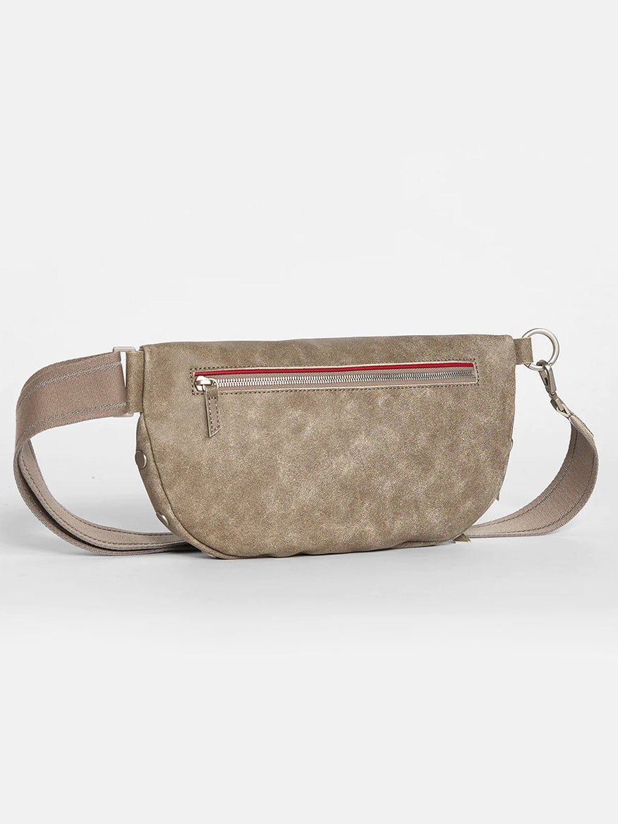 Hammitt Los Angeles Charles Crossbody Large in Pewter-colored with a front zipper and adjustable crossbody strap, displayed against a white background.