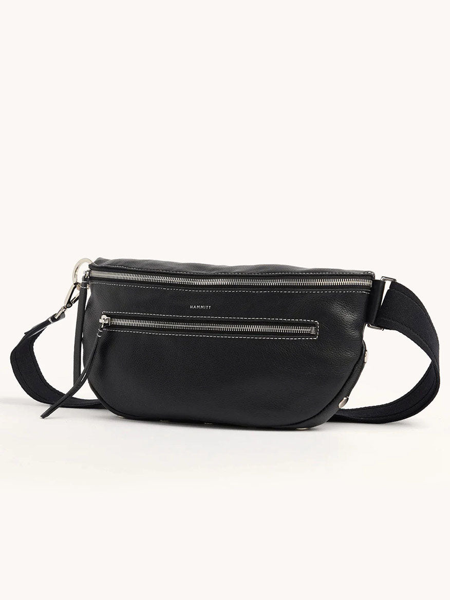 The Hammitt Los Angeles Charles Crossbody Large in Tempo Black is a sleek pebbled leather bag with two zippered compartments and an adjustable strap for versatile styling.