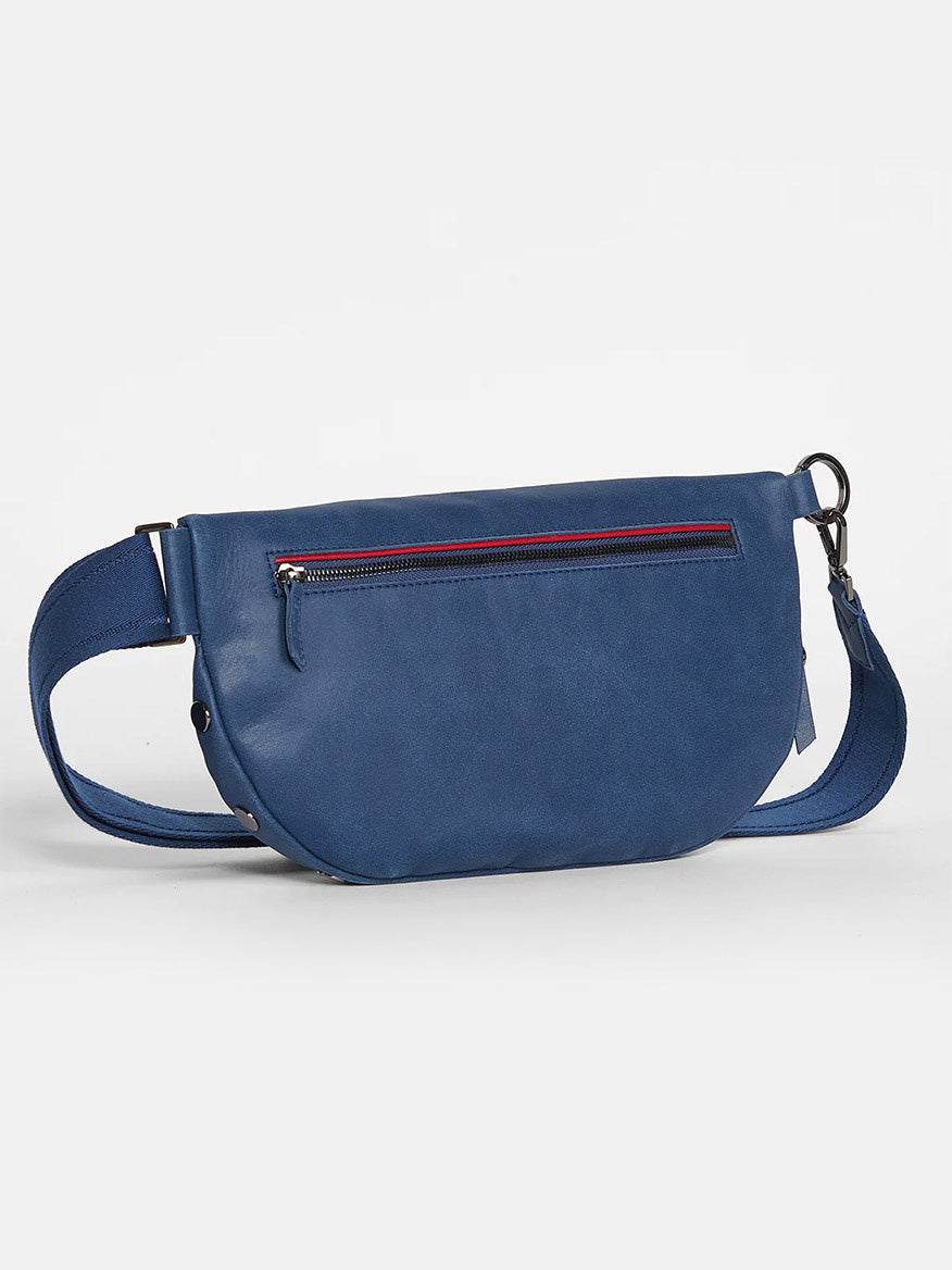 Hammitt Los Angeles Charles Crossbody Large in Vintage Navy with an adjustable strap and a front zipper pocket with a red stripe.