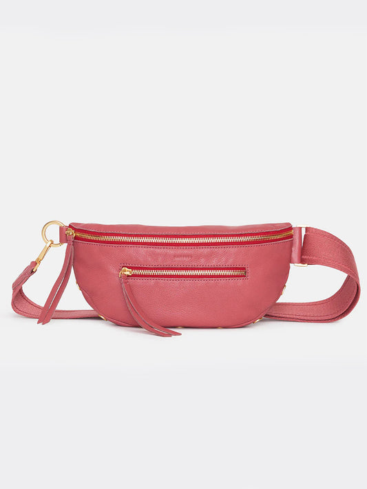 A Hammitt Los Angeles Charles Crossbody in Rouge Pink with gold zippers and two zippered compartments, perfect for belt bag or crossbody styling.